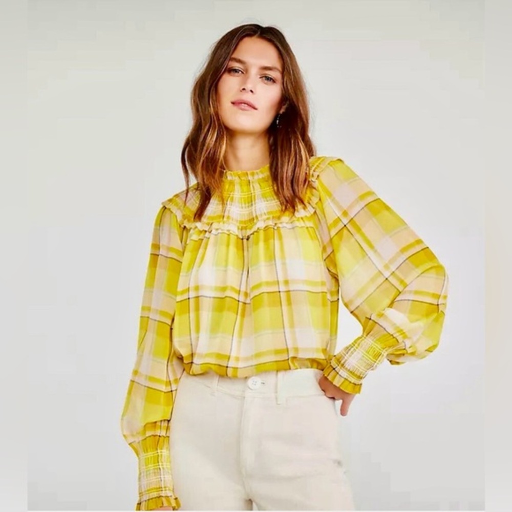 Ann Taylor Blouse Top Smocked Plaid Romance Victorian‎ Academia Sheer Women’s S